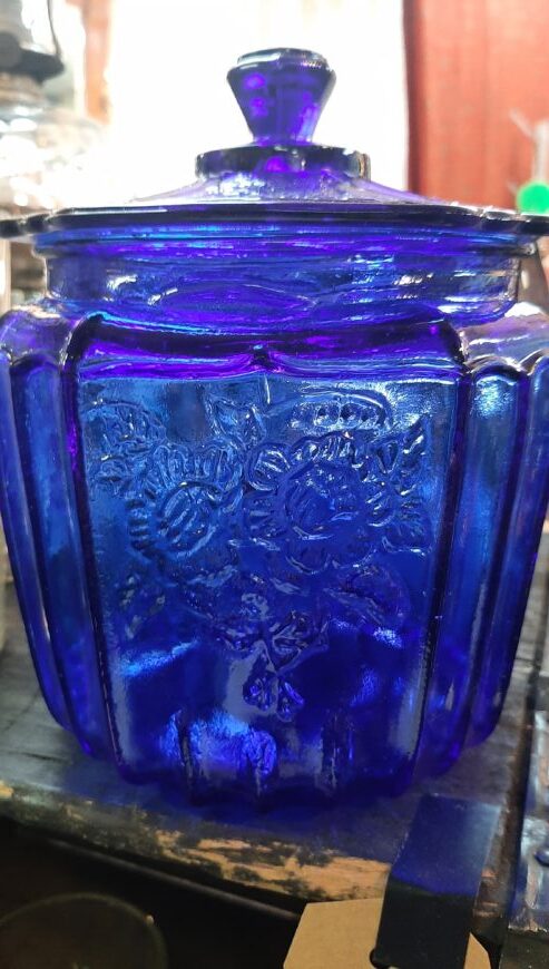 Vintage Anchor Hocking Cobalt Blue Cracker Jar-Mayfair Open Rose Design