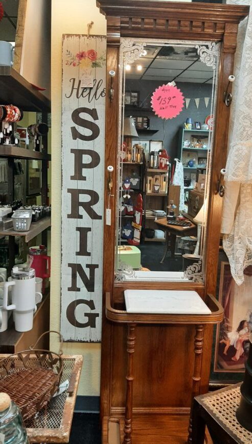 Vintage Marble Top Etched Mirror Wood Hall Tree