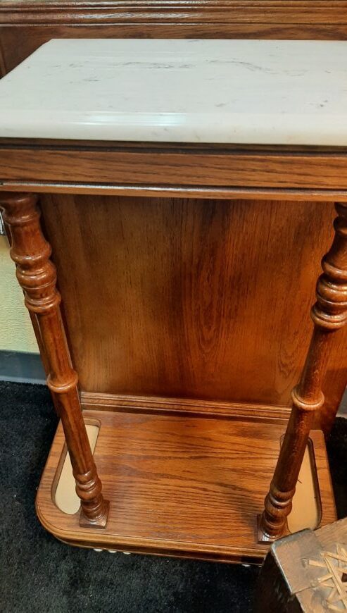 Vintage Marble Top Etched Mirror Wood Hall Tree