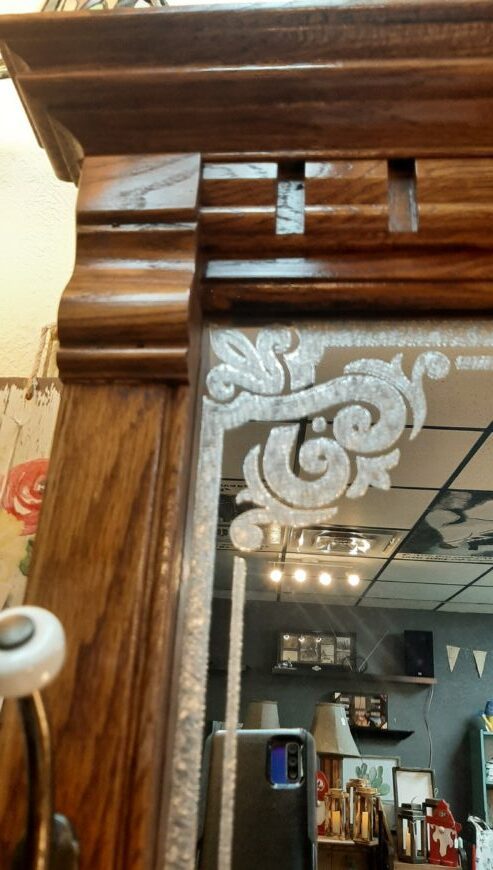 Vintage Marble Top Etched Mirror Wood Hall Tree